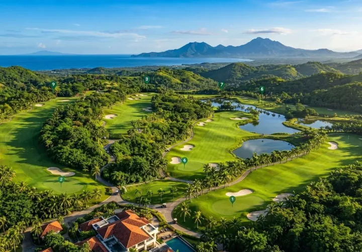 Aerial rendering of the golf course with numbered hole markers, the sea and mountains behind it