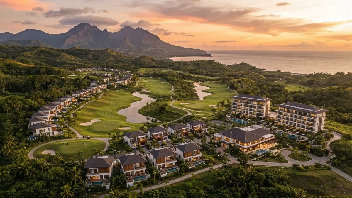 Aerial rendering of the Bataan golf resort estate at sunset, showing the golf course, villa clusters and two condotel buildings against the coast and mountains