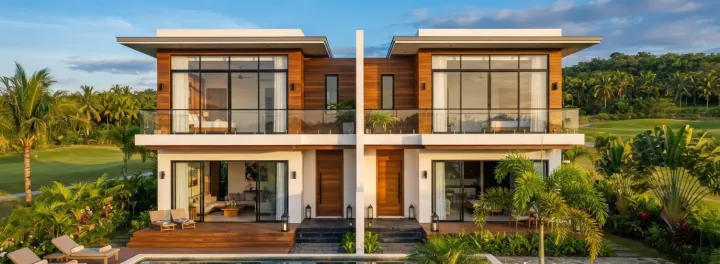 Front elevation rendering of a two-storey duplex villa, two symmetrical units sharing a party wall